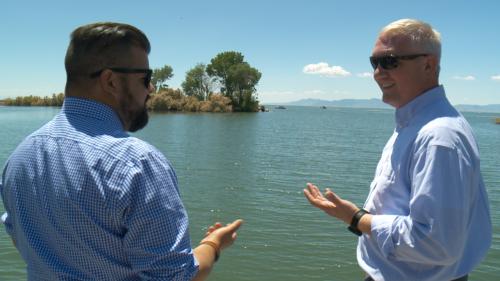 Brian Steed, right, speaks with FOX 13 News reporter Ben Winslow in June 2023. Steed is the Great Salt Lake Commissioner, a powerful new position in Utah government. He will come up with plans to reverse the lake's historic declines and make it thrive. The position even gives him the ability to override other state agencies' decisions if it means protecting the lake.